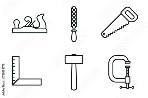 Outline icons of carpentry tools saw hammer plane chisel ruler clamp