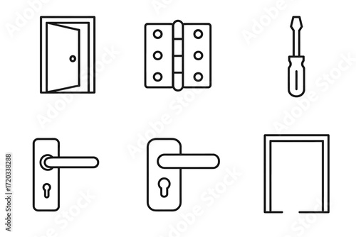 Door and lock icons: handles, hinges, screwdriver outline set