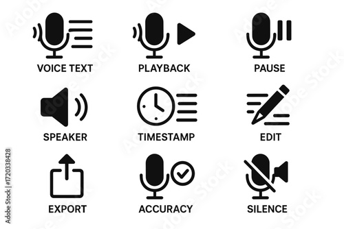 Audio control icons: voice text, playback, pause, speaker, timestamp, edit, export, accuracy, silence
