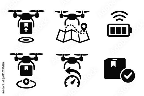 Drone delivery and navigation icons: battery, route, package