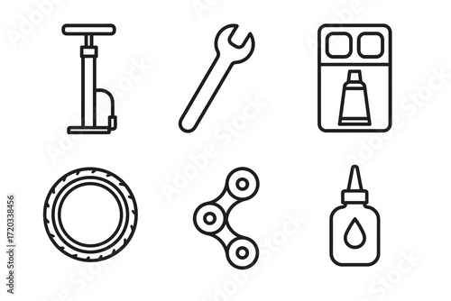 Bicycle maintenance icons: pump, wrench, tire, kit, chain, oil