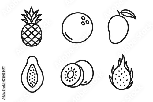 Outline of tropical fruits set: pineapple, coconut, mango, papaya, kiwi, dragon fruit