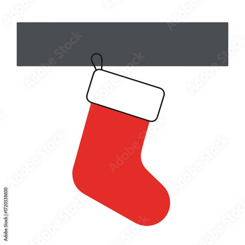 Cartoon red stocking hanging from a shelf with a white trim and black loop