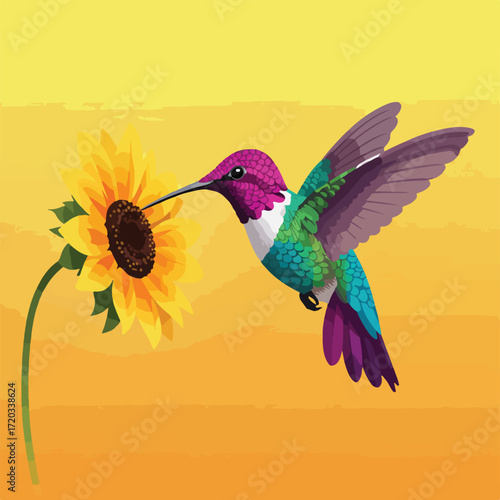 Hummingbird sips nectar from a sunflower on a textured yellow background
