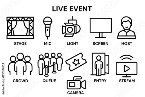 Live event outline icons: stage, mic, light, screen, host, crowd, queue, entry, camera, stream