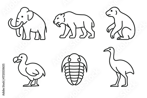 Line art illustrations of extinct animals and prehistoric creatures