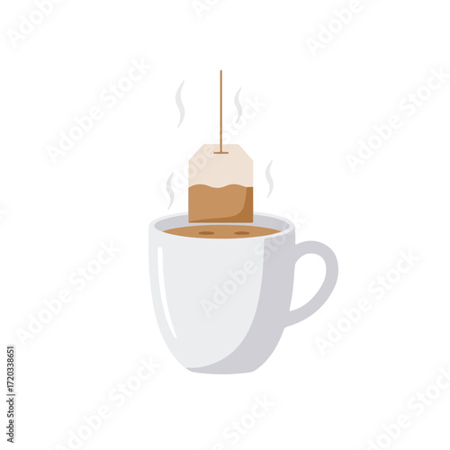 Cartoon Steaming teabag dunks in a white mug, tea brewing inside