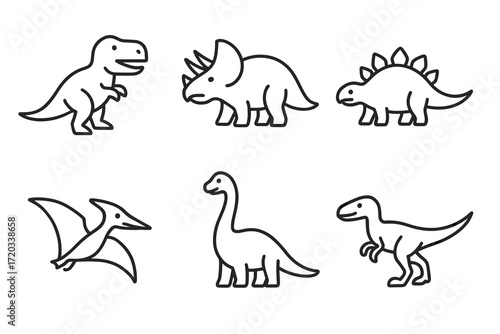 Simple dinosaur outline illustrations featuring t-rex, triceratops, stegosaurus, pterodactyl, brachiosaurus, velociraptor