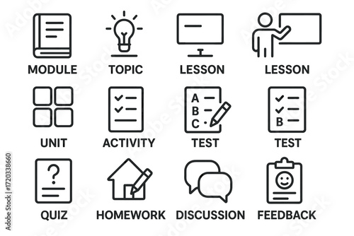 Educational icons set: module, topic, lesson, unit, activity, test, quiz, homework, discussion, feedback