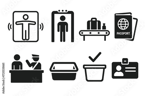Airport security icons: scanning, passport control, baggage check, identification