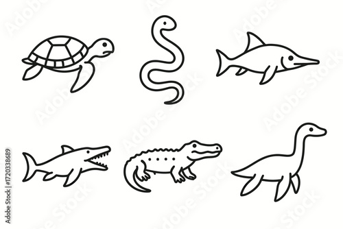 Outline illustrations of sea creatures and reptiles