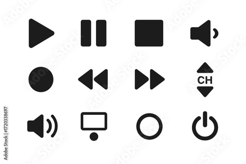 Media control icons set including play, pause, stop, and volume symbols