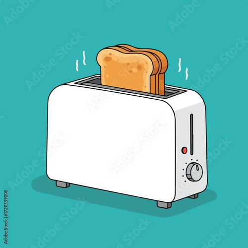White toaster with three slices of bread popping out on a turquoise background