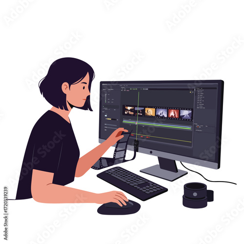 Woman edits video on computer. Dark shirt, keyboard, mouse, coffee. Filmstrip