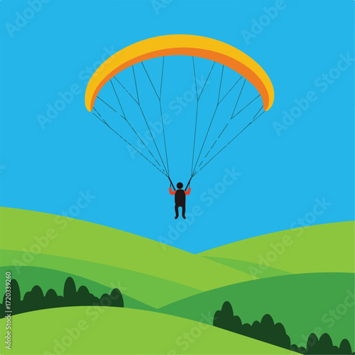 Paraglider soars above green hills against a bright blue sky