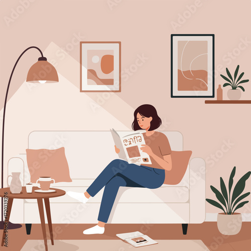 Indoor illustration woman reading magazine on a sofa in a pastel colored room