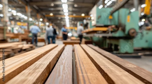 Wallpaper Mural Wooden planks are arranged in a factory setting, showcasing the continuous flow of lumber processing and the dynamic industrial environment Torontodigital.ca