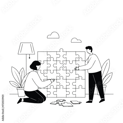 Two people completing a puzzle