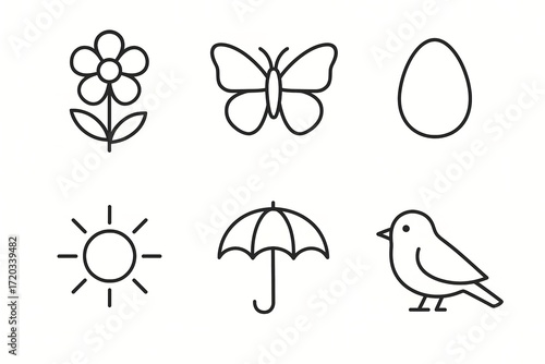 Minimalist line art icons: flower, butterfly, egg, sun, umbrella, bird