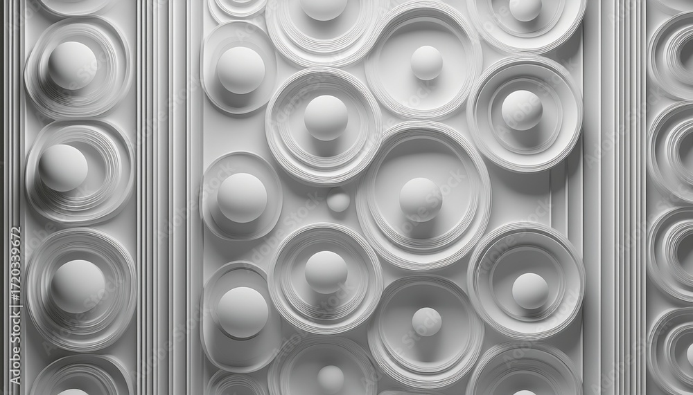 abstract 3d white circles and spheres pattern on light background with soft shadows modern minimal geometric composition for wallpaper design branding and texture