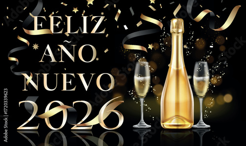 Tarjeta o pancarta para desear un feliz año nuevo 2026 en dorado con una botella y dos copas de champán sobre un fondo negro con círculos bokeh y serpentinas.