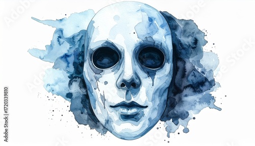 Ethereal Watercolor Mask with Empty Black Eyes on Splattered Blue and White Background