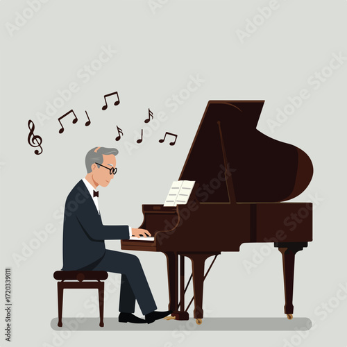 Man playing grand piano with notes above
