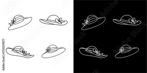 Four elegant sun hats, depicted in line art, arranged on contrasting backgrounds.