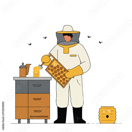 Beekeeper in protective suit extracting honey from a honeycomb
