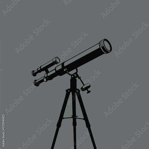 Stylized dark gray telescope illustration on a gray background