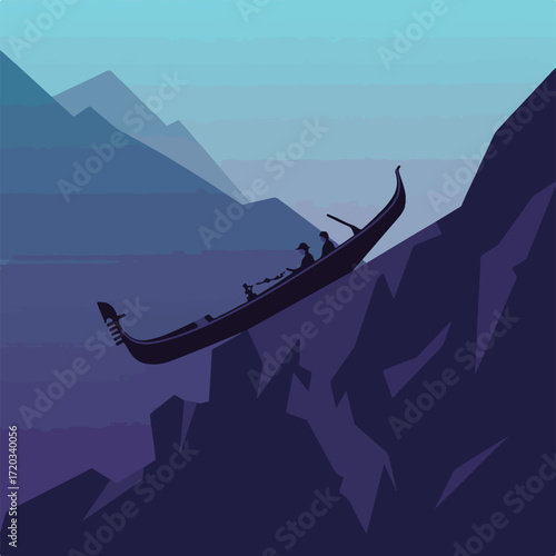 Gondola silhouette, mountains, gradient sky