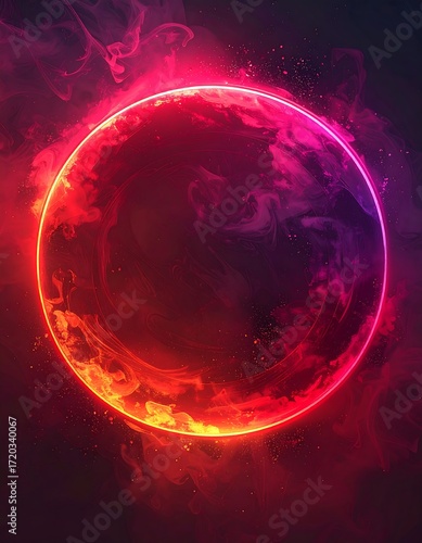 Abstract circular fiery orb in a smoky, dark background