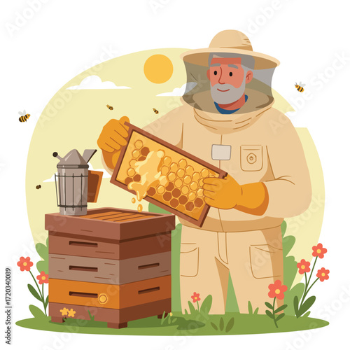Beekeeper in protective gear inspecting honeycomb at hive surrounded by flowers