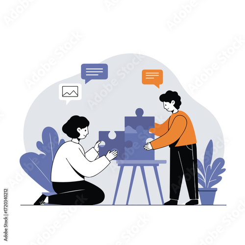 People solve jigsaw puzzle on table; communication bubbles