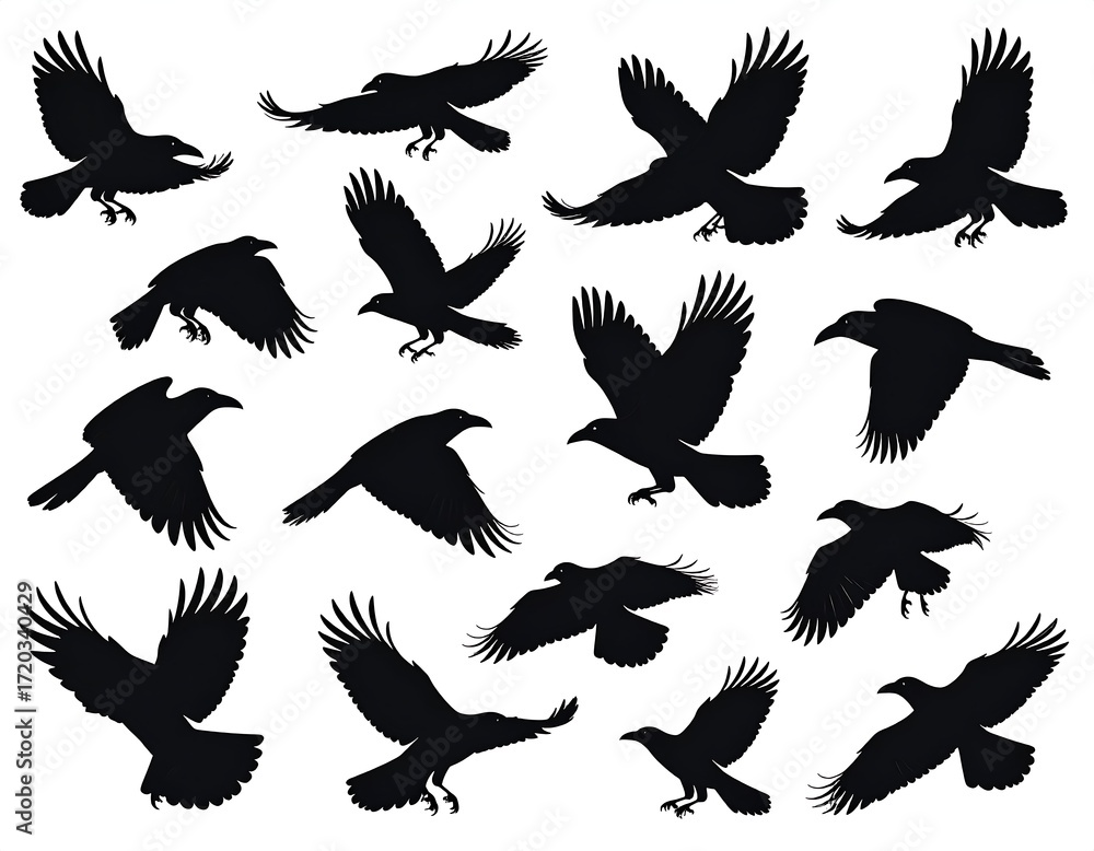Fototapeta premium Black silhouettes of crows in flight