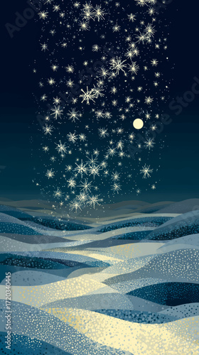 Golden snowflakes falling under moonlight across frosty solstice landscape with magical festive atmosphere.
