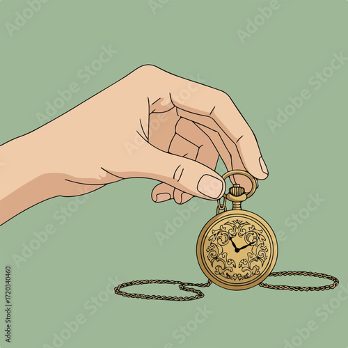 Hand holds antique ornate gold pocket watch against a muted green backdrop