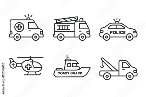 Emergency vehicles icons set featuring ambulance fire truck police car helicopter coast guard tow truck
