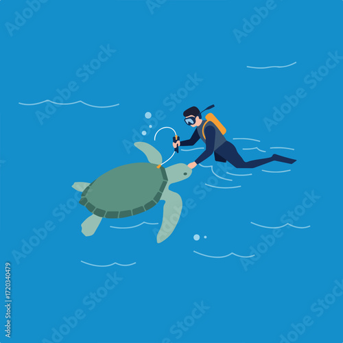 Diver examines turtle in ocean, using tool; simple blue backdrop and waves