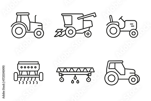 Outline icons of farming equipment: tractors, harvesters, seeders, sprayers