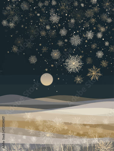 Golden snowflakes falling under moonlight across frosty solstice landscape with magical festive atmosphere.