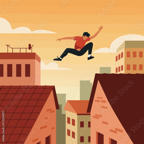 Man jumps over rooftops, silhouetted against the sky. Urban scene, flat design