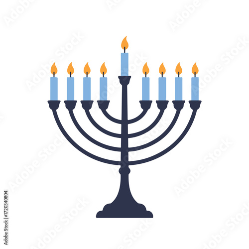 Light blue menorah with nine lit candles on white background