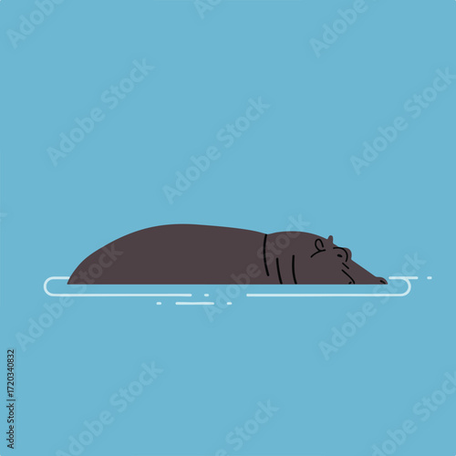 Hippo submerged to its neck in pale blue water in a stylized illustration