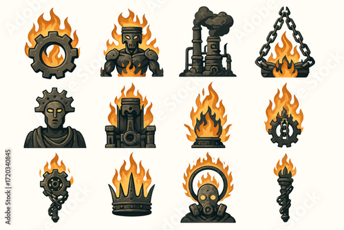 Steampunk fire icons: gears, machinery, and industrial flames