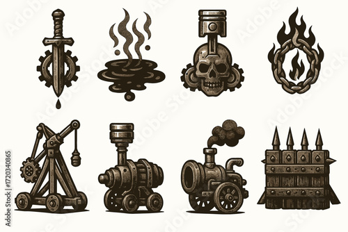 Steampunk icons: sword, smoke, skull, fire, catapult, engine, train, spikes