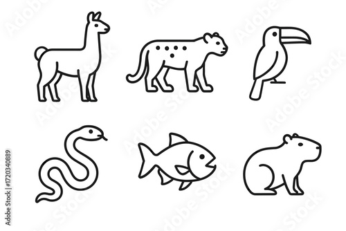 Outline icons of llama, jaguar, toucan, snake, fish, and capybara