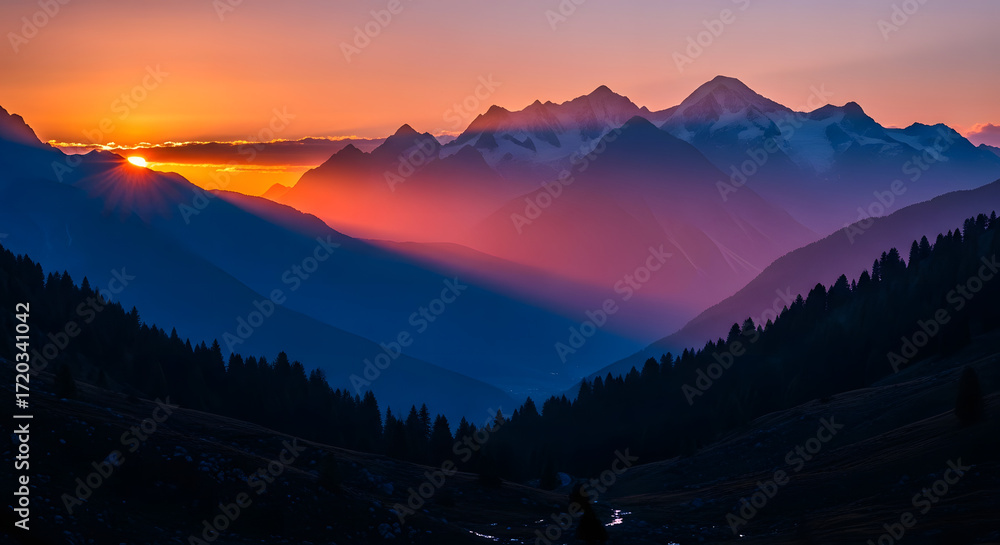 Fototapeta premium Golden sunrise illuminating majestic mountain peaks through a misty valley.