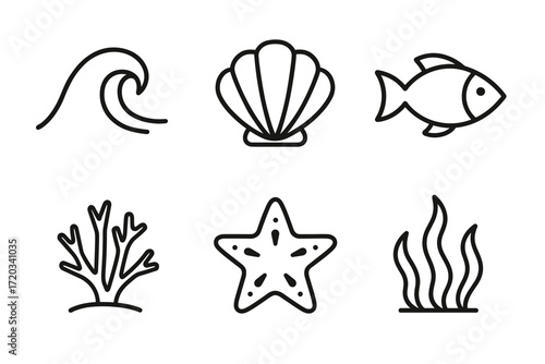 Set of simple sea life icons: wave, shell, fish, coral, starfish, seaweed