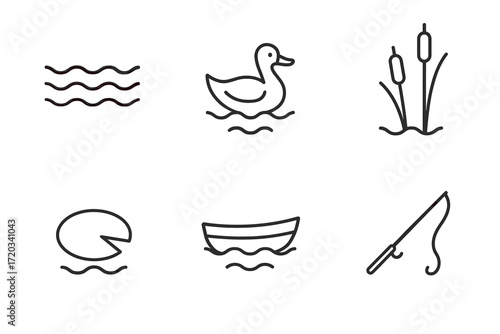 Simple line icons of pond elements: duck, waves, reeds, lily pad, boat, fishing rod